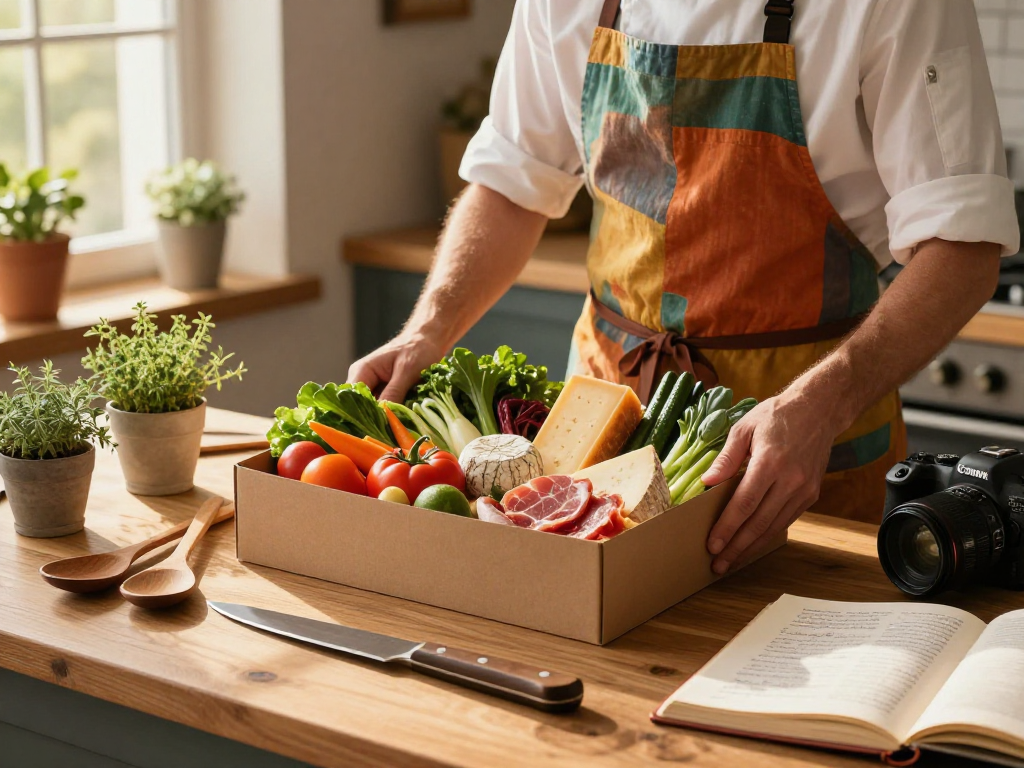 Chef preparing a gourmet food box filled with fresh ingredients in a cozy kitchen, featuring vibrant vegetables and golden hour light