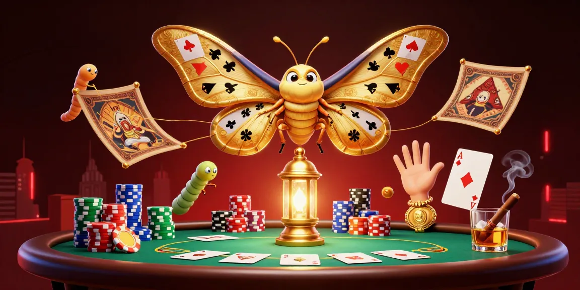 Ambiance vibrant de casino en ligne France avec un papillon atlas et des jeux de poker.
