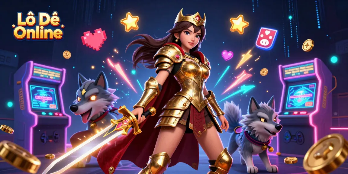 Engage with Lô Đề Online through a vibrant 3D illustration of a warrior queen and her wolf companion.