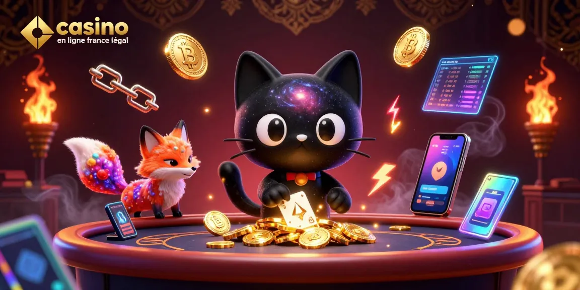 Jouez au casino en ligne France légal avec un chat trou noir et un renard nébuleux attirant des jetons d'or.