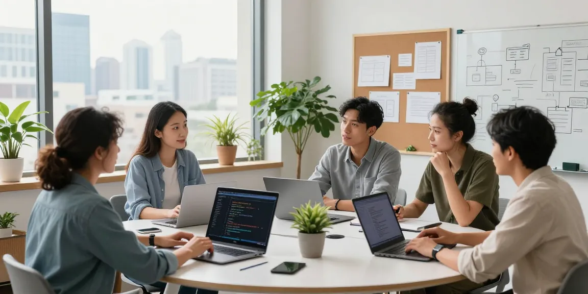 Software developers collaborating at https://rtischeduler.co.uk/ in a modern office setting.