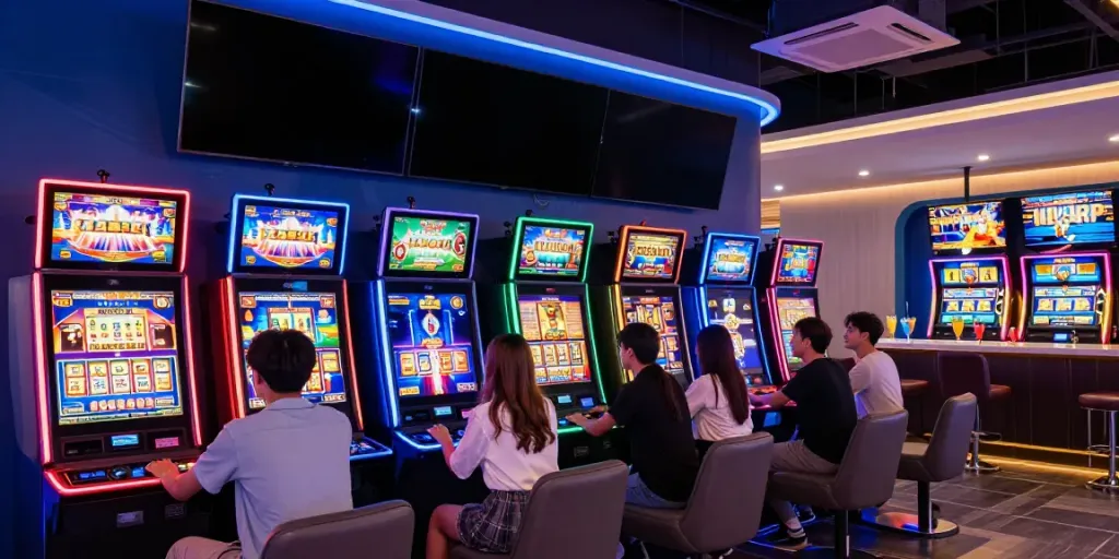 Friends enjoying an exciting slot gaming experience in a vibrant casino lounge.