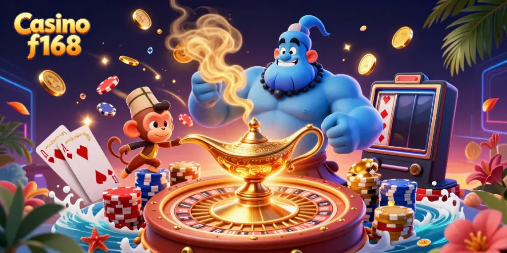 Experience excitement with Casino f168's immersive gaming elements and vibrant 3D illustration.