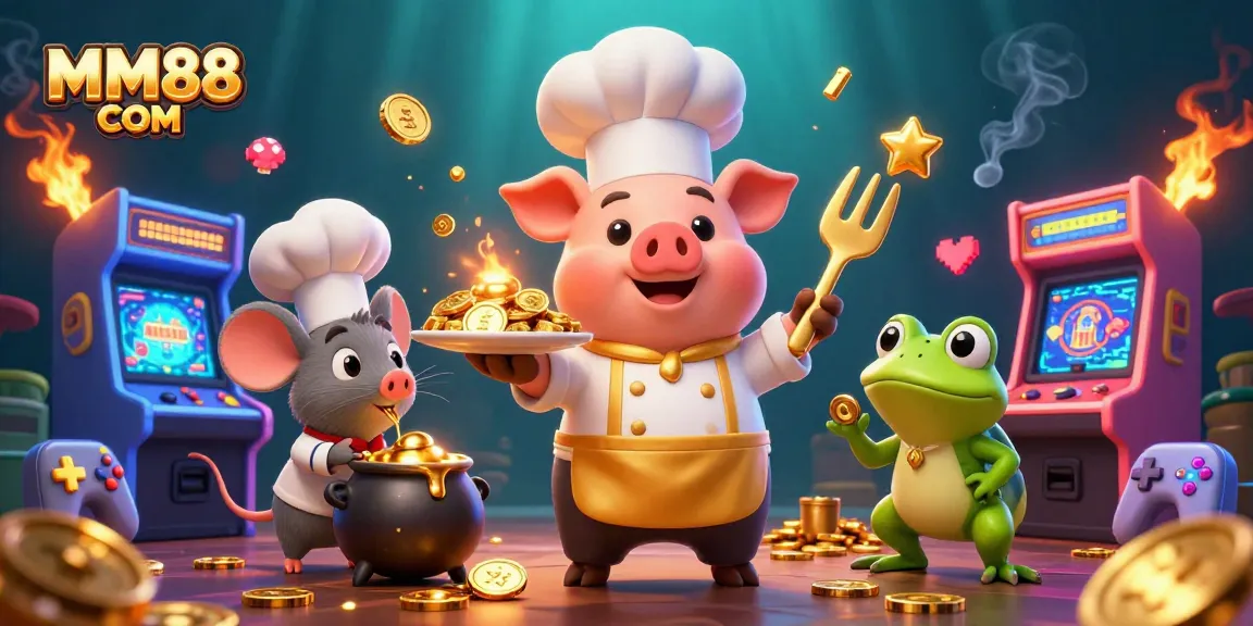 Experience the excitement with MM88 COM as a pig chef serves gold coins in a vibrant casino scene.