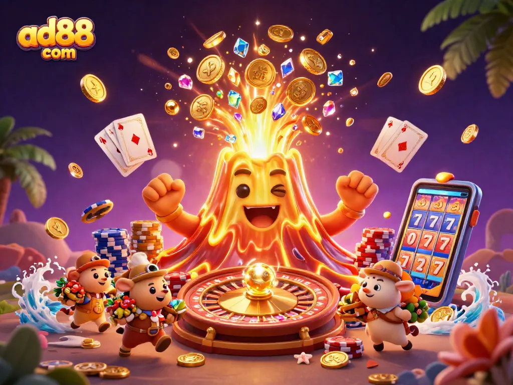 Experience big wins at ad88 com with this vibrant casino-themed 3D illustration featuring a triumphant golden volcano showering coins and treasures.