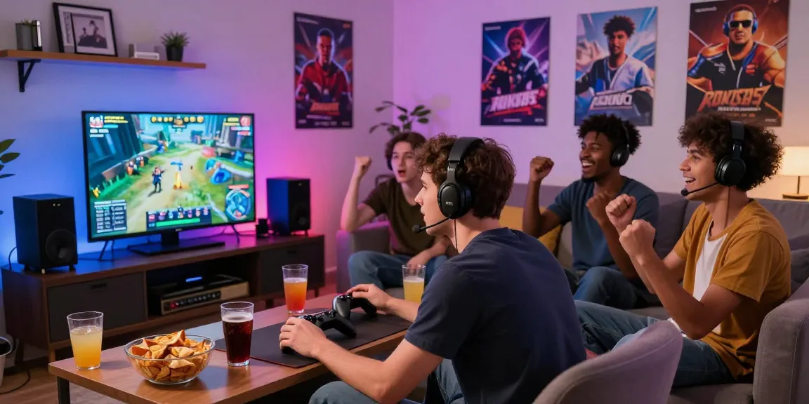 Exciting gaming gathering with friends playing ROKOK88 alternatif in a modern living room.