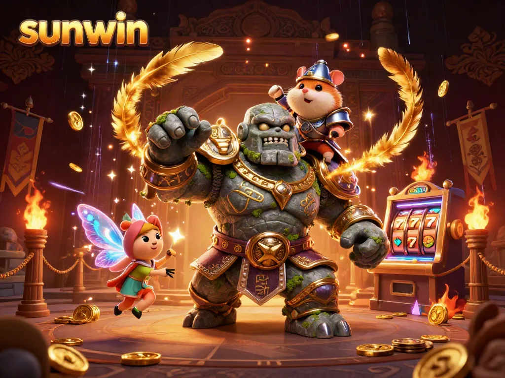 Experience thrilling wins at sunwin with a majestic stone golem guardian and shimmering fairies in a vibrant casino scene.