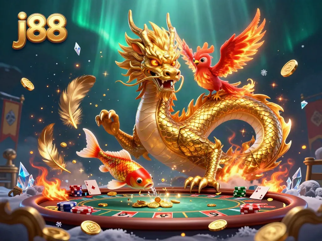 Engage with j88's thrilling poker scene featuring a fierce dragon and phoenix amidst rich casino elements.