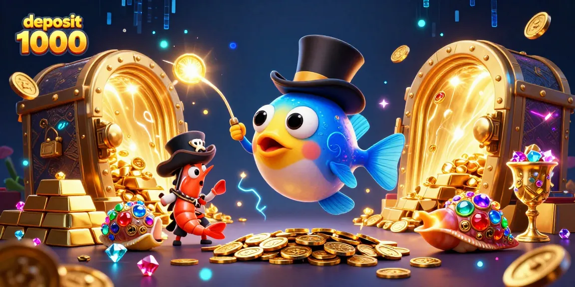 Deposit 1000 scene showcasing an anglerfish attracting coins in a vibrant casino atmosphere.