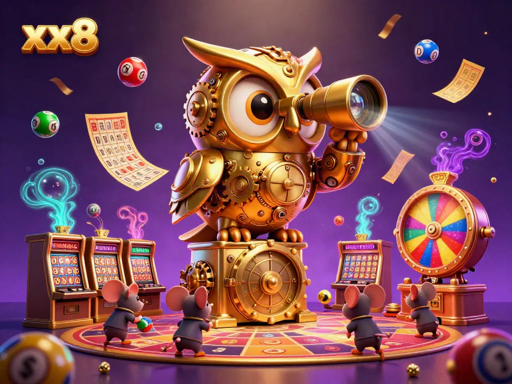 Experience exhilarating gameplay with xx8 as a golden owl watches over colorful lottery balls and slot machines in a vibrant casino.