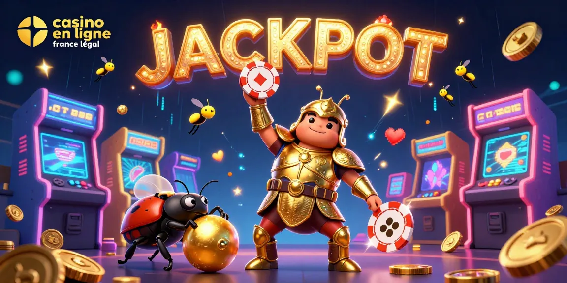 Jouer sur un casino en ligne légal en France avec un insecte héros et jackpot lumineux.