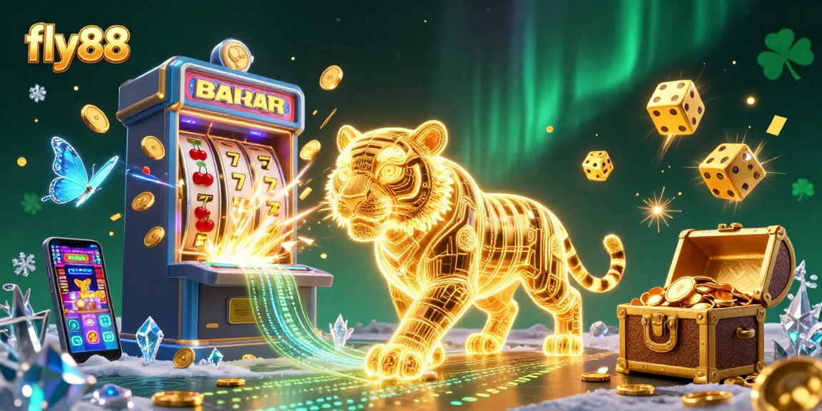Experience exhilarating gaming with fly88's vibrant slot machines and energetic golden tiger in a dynamic casino scene.