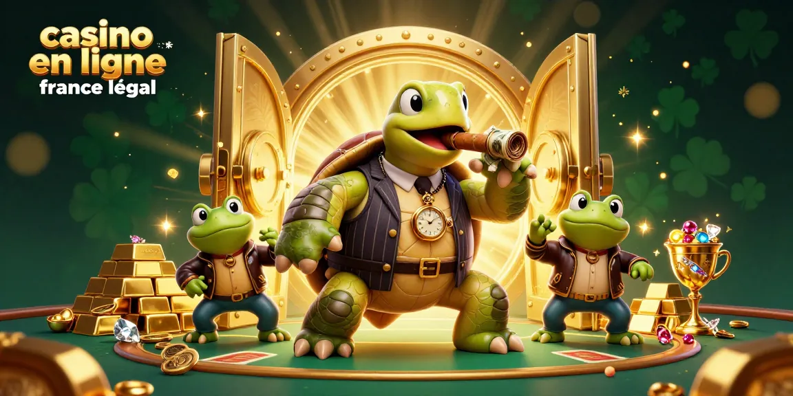 Visuel captivant sur le casino en ligne France légal avec une tortue et des grenouilles, illuminé par des lumières de casino et trésors étincelants.