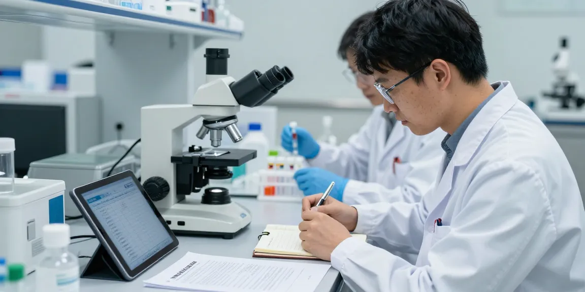 Scientist analyzing lyophilized peptide vial in a lab setting, emphasizing research integrity and collaboration.