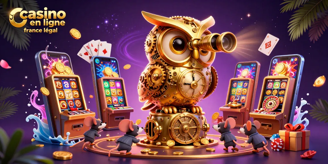 Jouer au casino en ligne France légal avec une illustration vibrante d'un hibou doré et des souris autour des machines à sous.
