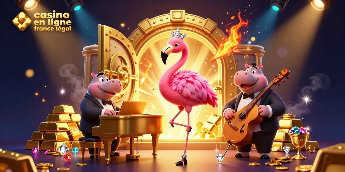 Casino en ligne France légal : Illustration dynamique de jeux avec un flamant rose chanteur et un hippopotame bassiste.