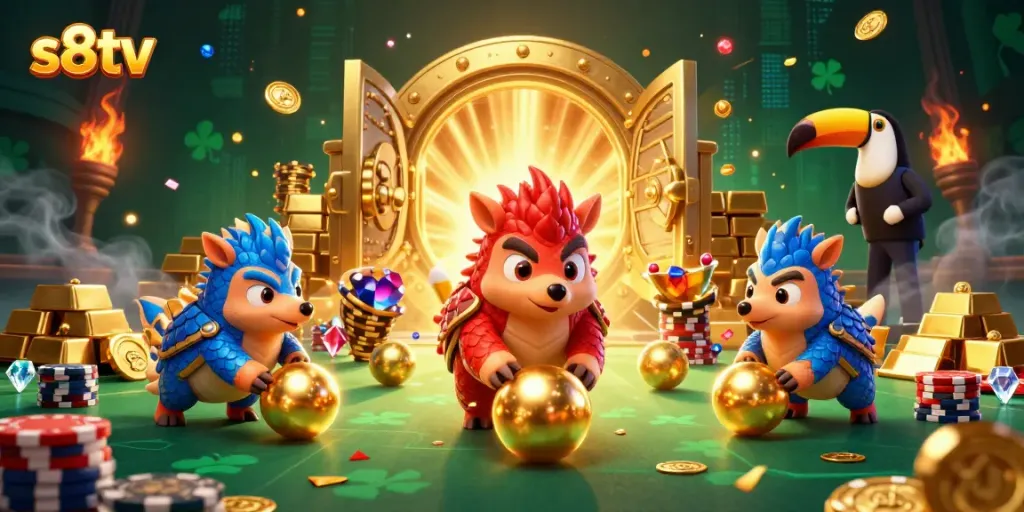 Engaging scene of s8tv pangolins competing in a vibrant casino environment, showcasing rich game elements.