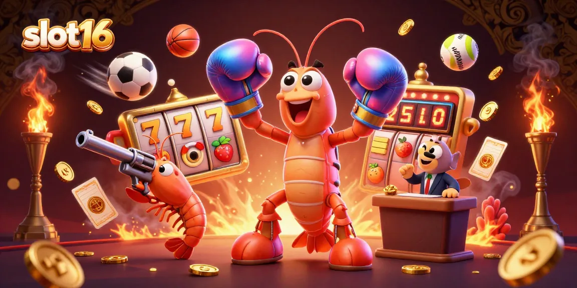 slot16 gaming experience featuring cartoon shrimp in a vibrant casino scene with dynamic slot elements