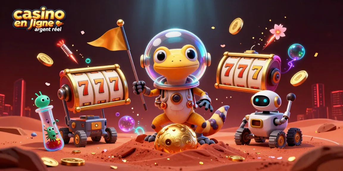 Découvrez le casino en ligne argent réel avec une illustration dynamique illustrant un gecko martien et des éléments de jeu captivants.