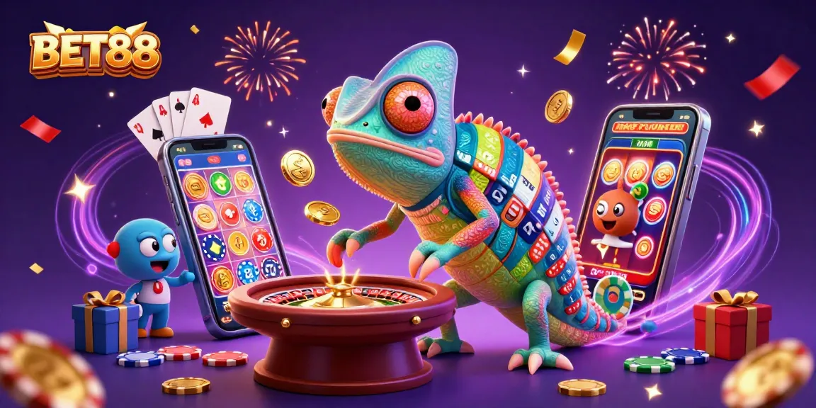 Experience the excitement of BET88 with the colorful chameleon casino owner amidst dynamic gaming action.