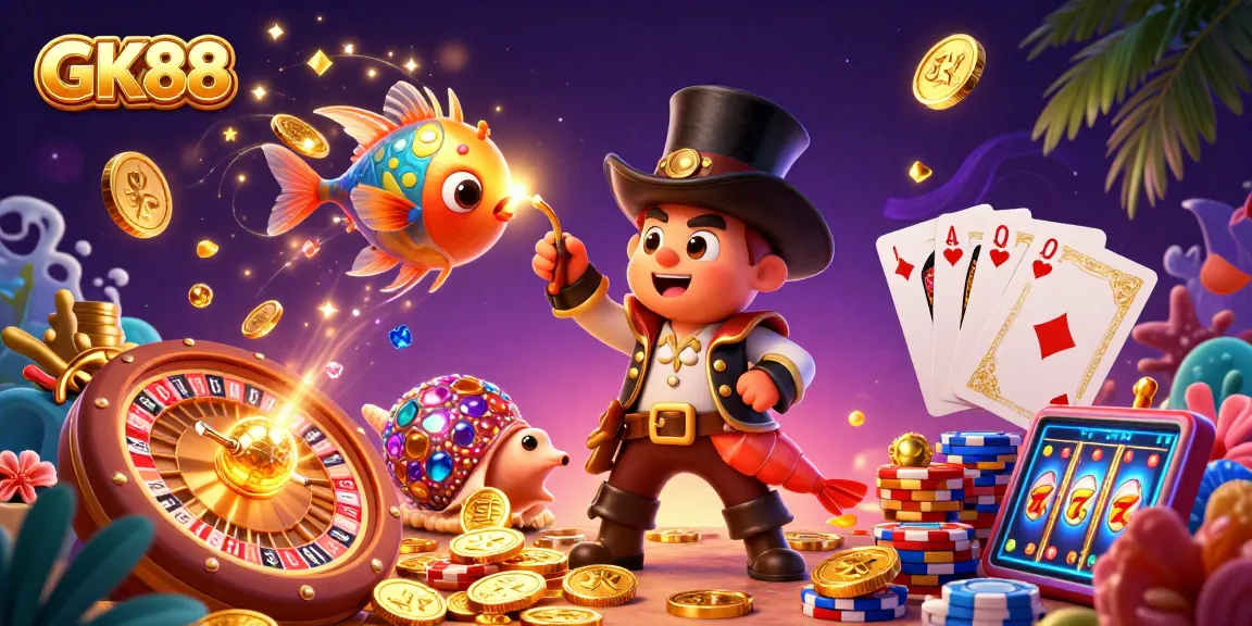 Engage with GK88 casino excitement as golden coins cascade with vibrant 3D characters.