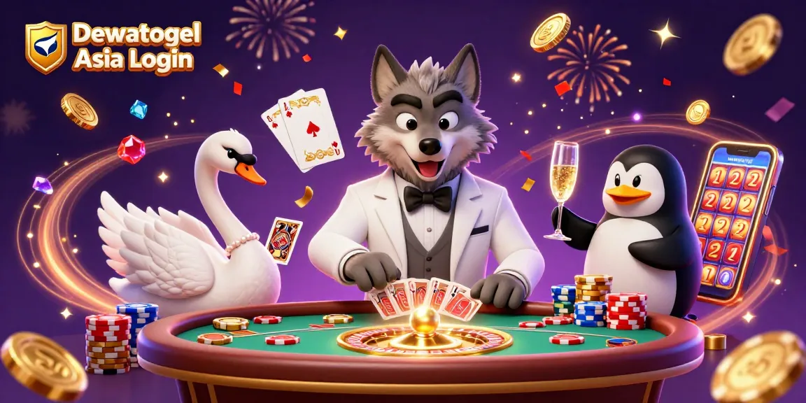 Dewatogel Asia Login showcases a vibrant 3D casino scene with cartoon animals, dynamic game elements, and celebratory motifs.