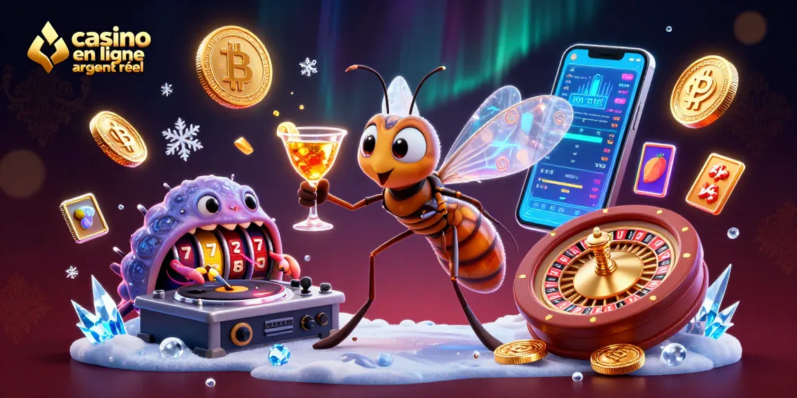 Jouer au casino en ligne argent réel avec un masque de casino et des éléments de crypto-monnaies flottants.