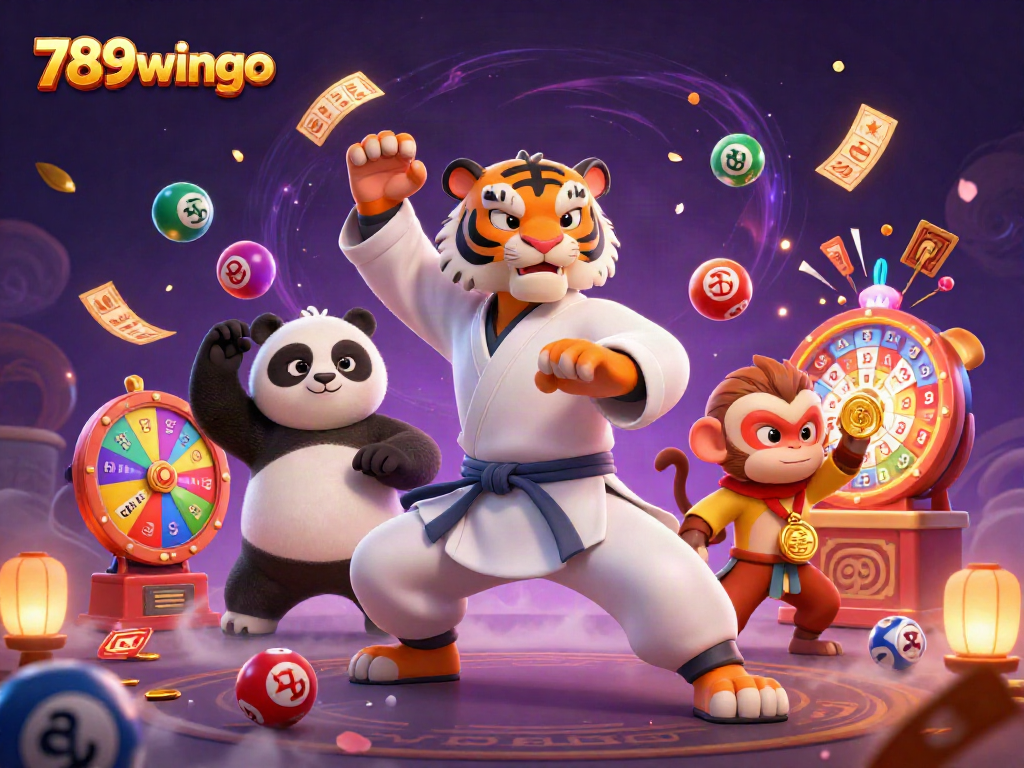 Engage with 789wingo's colorful casino illustrations showcasing a kung fu tiger master and lively game elements.