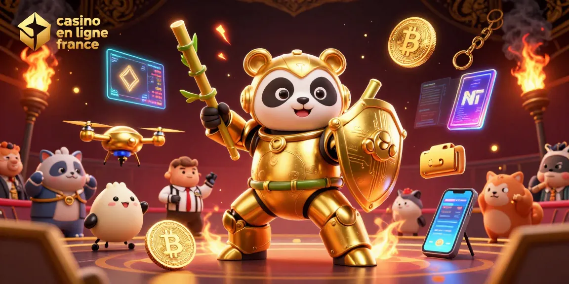 Illustration dynamique de robot de combat au casino en ligne en France, avec monnaies crypto et décor atmosphérique.