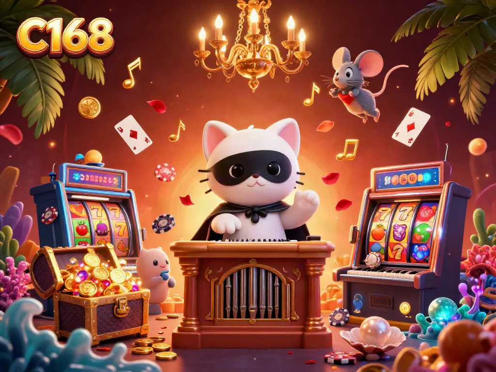 C168 slots await excitement with a phantom cat at a casino organ amidst floating cards and treasures.
