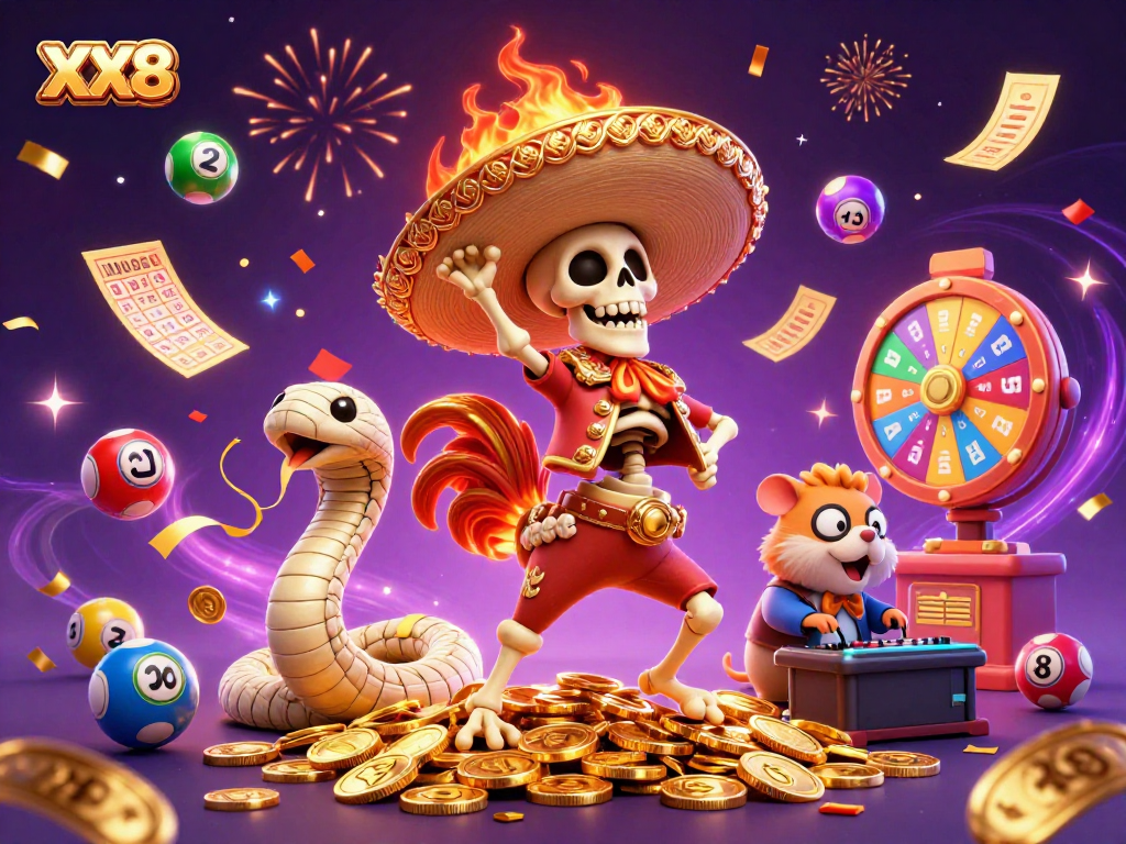 Experience the thrill at XX8 casino illustrated with a mariachi rooster celebrating on gold coins.