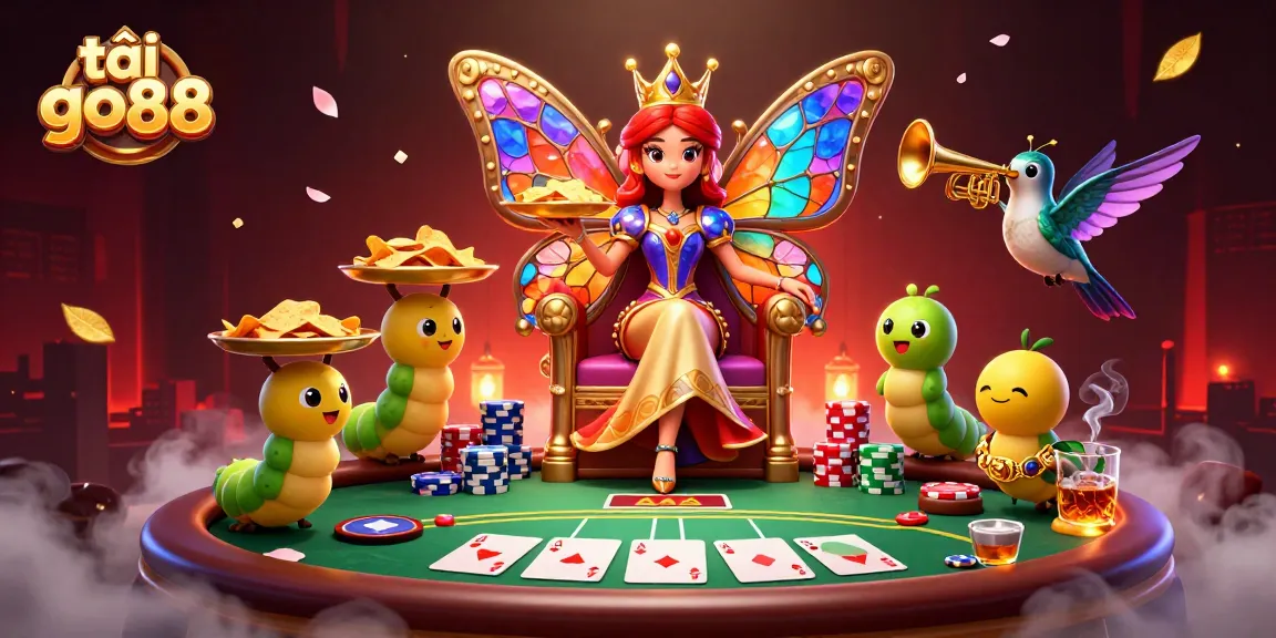 Experience the thrill of tải go88 with a vibrant game scene featuring a butterfly queen and poker elements.