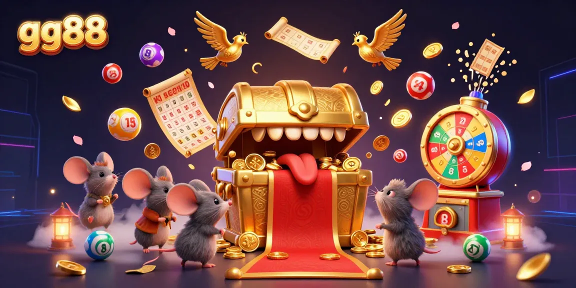 Engage in thrilling gaming excitement with gg88's golden treasure chest, vibrant lottery balls, and dynamic gaming elements.