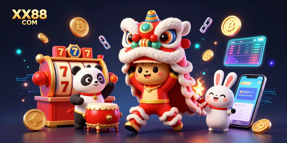 Engage in exciting slot games at XX88 COM with thrilling lion dance illustration and vibrant neon elements.