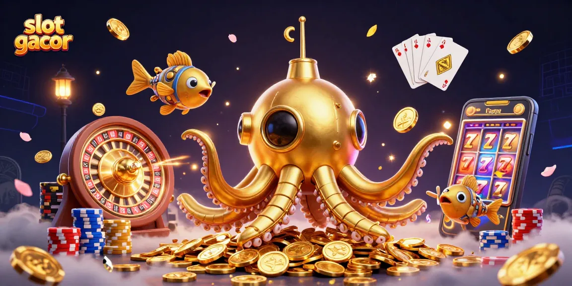 Spin the reels in this vibrant slot gacor scene with a golden kraken submarine, coins, and cards.