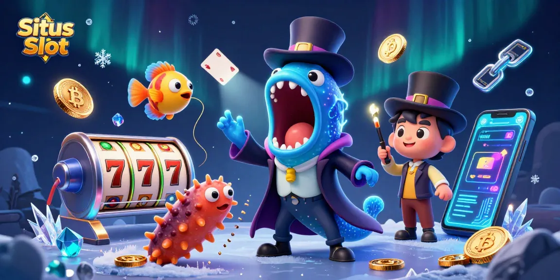 Situs Slot illustration with a bioluminescent eel magician and a lucky anglerfish showcasing jackpot excitement