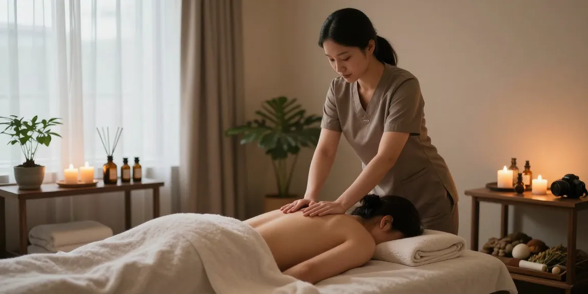 수원출장안마 in a tranquil spa setting with a therapist giving a massage, soft lighting and natural elements