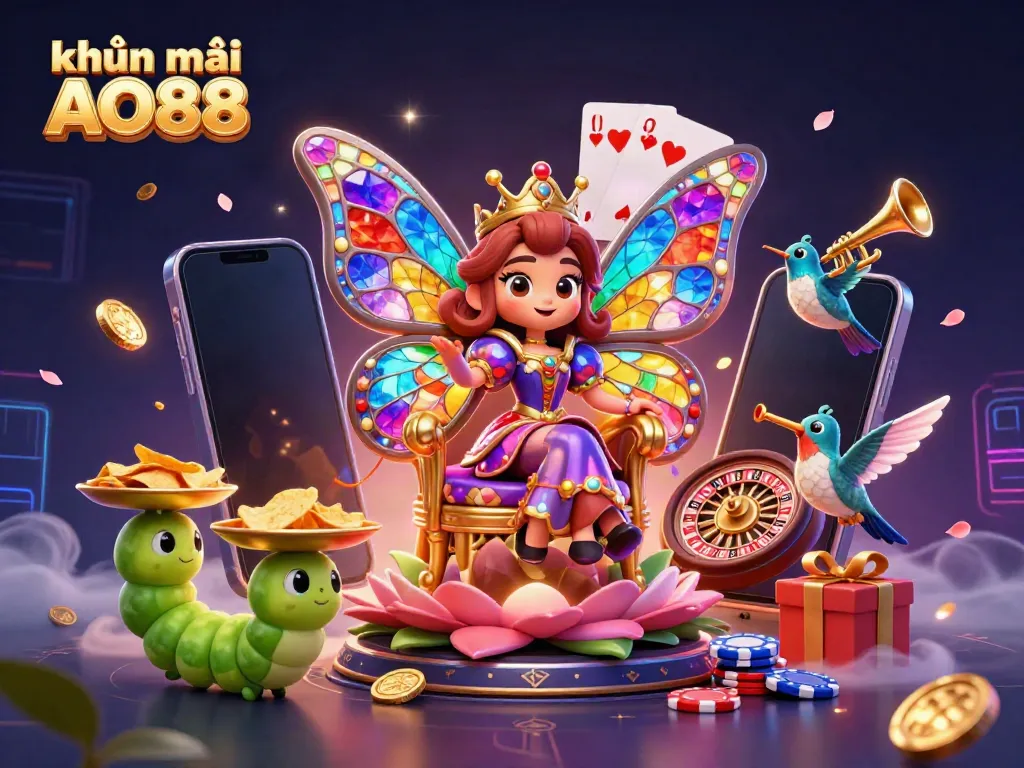 Experience the excitement of khuyến mãi AO88 with vibrant 3D illustrations of games and rewards.