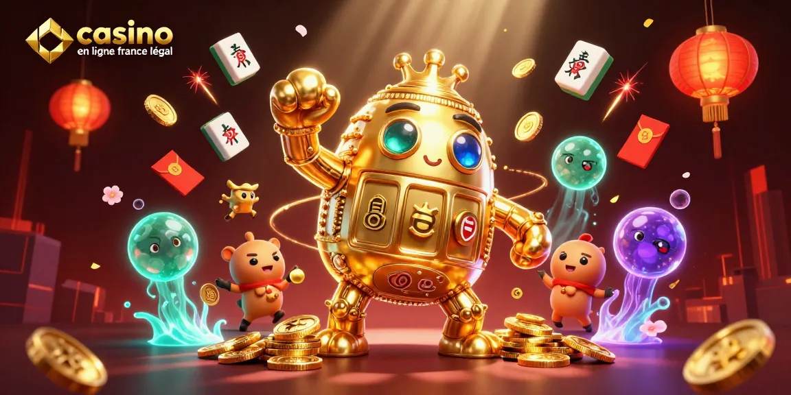 Illustration dynamique d'un golem d'or, casino en ligne France légal en arrière-plan, symboles de machines à sous flottants.