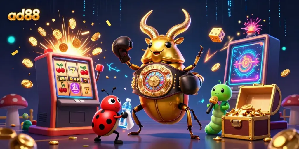 Experience ad88's thrilling casino atmosphere with colorful characters and jackpot excitement.