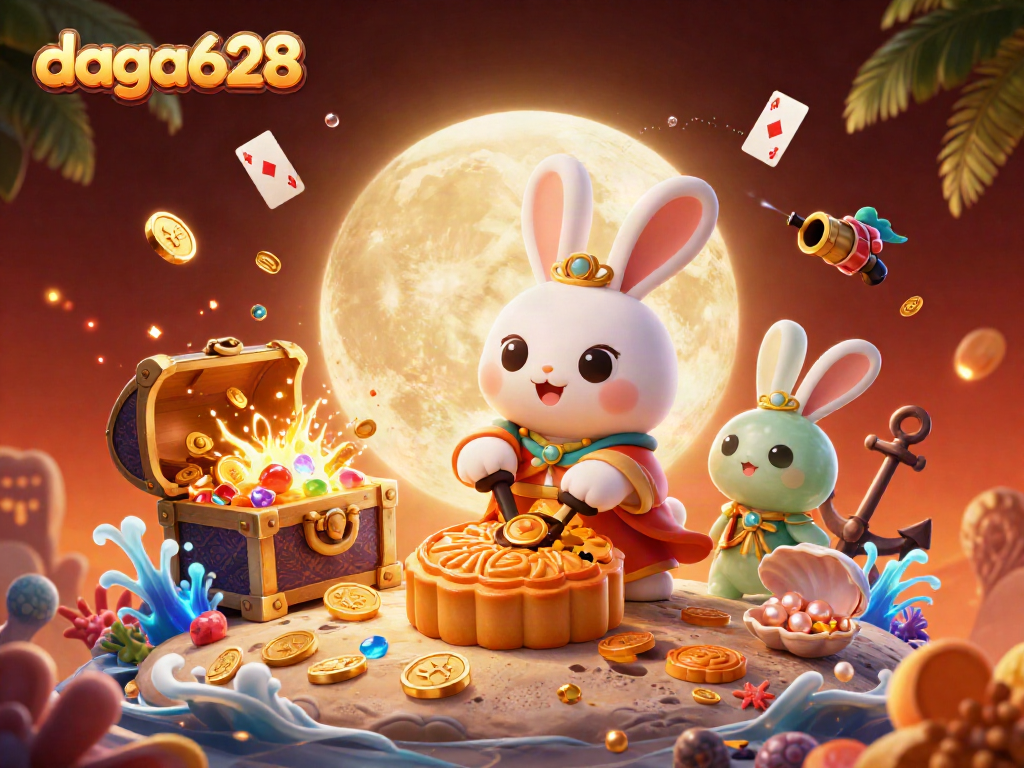 daga628 offers thrilling insights with a playful moon rabbit and poker chips on a vibrant lunar scene
