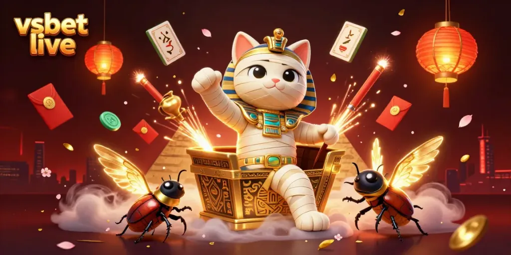 Experience the excitement of vsbet live with a 3D cartoon Egyptian mummy cat and golden casino elements.