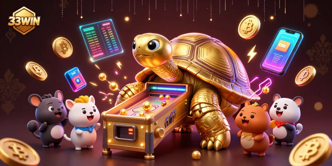 Experience the 33WIN gaming excitement with a golden tortoise pinball machine surrounded by cryptocurrency elements.