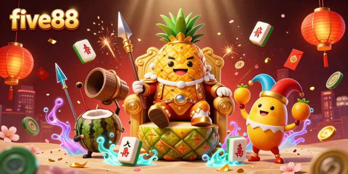 Experience the vibrant beach casino scene featuring five88 with the golden pineapple king and dynamic game elements around him.