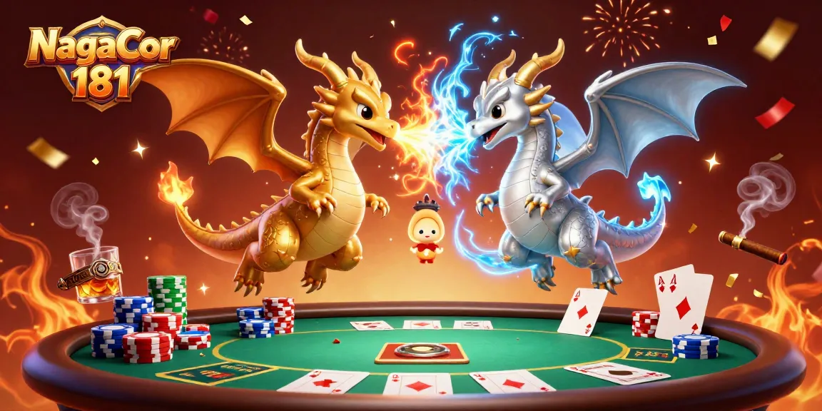 NagaCor 181 showcases twin dragons in an intense poker scene filled with colorful chips and confetti.