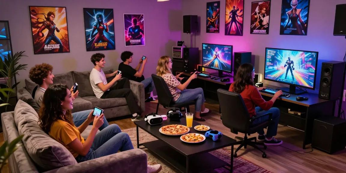 Friends playing interactive porn games in a vibrant gaming lounge.
