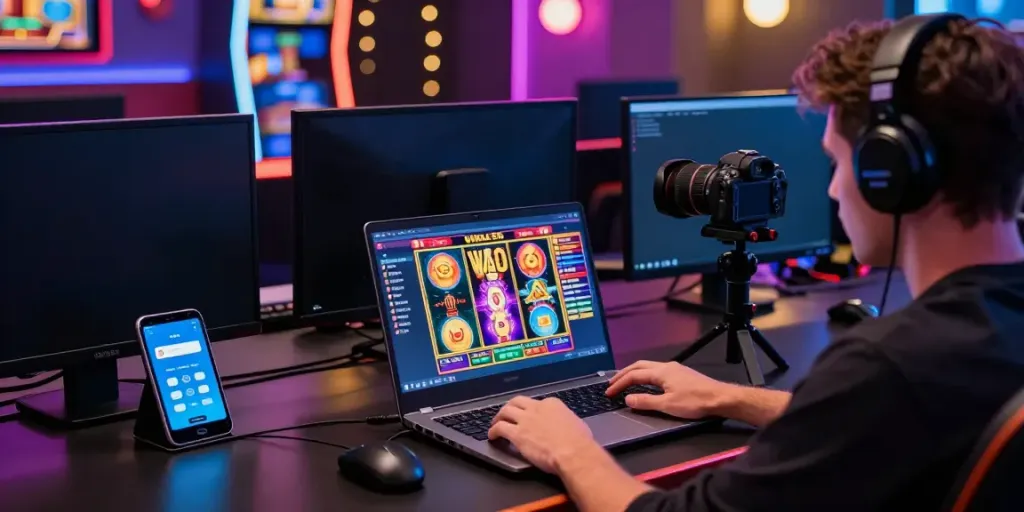 Exciting online gambling experience with Wira55 platform, player engaging with colorful slot games.