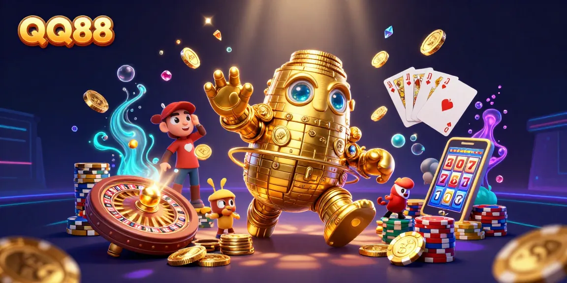 Win big with QQ88 at this vibrant casino illustration featuring a golden golem and dynamic game elements.