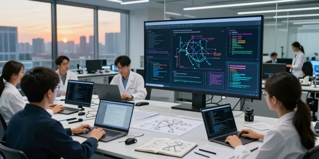 Effective collaboration in enterprise AI development with diverse professionals analyzing data and algorithms.
