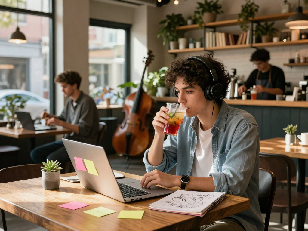 Motchill content creation in an urban coffee shop, with a young adult brainstorming ideas.
